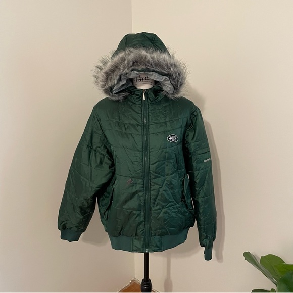 Vintage Reebok New York Jets NFL hooded puffy jacket fur trim - Picture 4 of 16